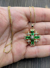 Load image into Gallery viewer, Green Tourmaline Gold Plated Jerusalem Cross Pendant Necklace Holy Land
