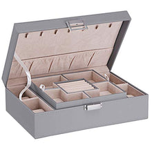 Load image into Gallery viewer, BEWISHOME Jewelry Box Organizer with 4 Watch Case Removable Tray Jewelry Display Storage Case - 7 Necklace Hook - Velvet Lining - Earring Ring Bracelet Case for Women Girls - PU Leather Grey SSH07H
