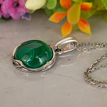 Load image into Gallery viewer, 925 Sterling Silver Malachite Necklace - Dainty 12mm Natural Stone, Genuine Dark Green Malachite Gemstone Pendant, Delicate Handmade Vintage Antique Everyday Jewel for Classy Women
