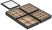 Load image into Gallery viewer, Glenor Co Earring Organizer Tray - 4 Stackable Trays with Lid -45 Slot Classic Jewelry Storage Display Case for Drawer or Dresser - Holder for Earring Ring Necklace or Cufflinks - Large Mirror - Black
