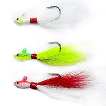 Load image into Gallery viewer, Dr.Fish Lot 3 Bucktail Jig Fluke Lure Saltwater Freshwater Baits Assorted Kit Bass Striper Bluefish Surf Fishing White, Chartreuse, Red 1/4 oz
