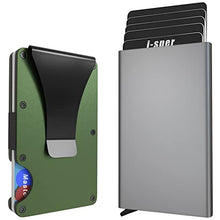 Load image into Gallery viewer, I-sper 2 Pack Minimalist Wallet for Men, Credit Card Holder RFID Blocking tec,1 Pack Pop Up Wallet (Gray) and 1 Pack Metal Slim Mens Wallet with Money Clip(ArmyGreen),Two Styles Two Feelings
