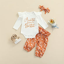 Load image into Gallery viewer, Newborn Infant Baby Girls Clothes Set Auntie Saying Letter Rompers Floral Daisy Pants Headband (White Bestie, 0-3 Months)
