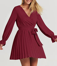 Load image into Gallery viewer, ZESICA Women's Sevy V Neck Long Sleeve Pleated A Line Wedding Cocktail Party Mini Dress with Belt,Wine,Small
