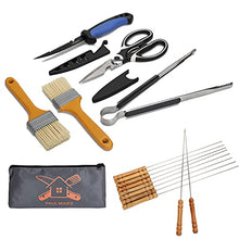 Load image into Gallery viewer, PAUL MAIER Grill Tool Set Including Filet Knife with Scabbard, Multi-Function Heavy-Duty Scissors, Barbecue Tongs, Barbecue Brush2 ，Wooden Handle Barbecue Needle10, Waterproof Storage Bag
