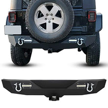 Load image into Gallery viewer, Rear Bumper Compatible with 2007-2018 Jeep Wrangler JK &amp; Unlimited Rock Crawler Bumper w/2" Hitch Receiver, D-Ring, LED Lights (Textured Black)
