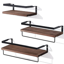 Load image into Gallery viewer, AOZITA 10 OZ Qtip Holder Dispenser for Cotton Ball, Cotton Swab, Cotton Round Pads, Floss - 4 Pcs &amp; 3 Set Pre-Installed Floating Shelves, Wall Mounted Storage Wood Shelf with Towel Rack, Brown
