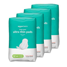 Load image into Gallery viewer, Amazon Basics Ultra Thin Pads with Flexi-Wings for Periods, Long Length, Super Absorbency, Unscented, Size 2, 128 Count, 4 Packs of 32 (Previously Solimo)
