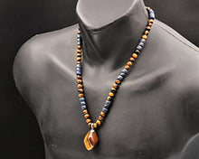 Load image into Gallery viewer, Men's Protection Necklace Big Raw Tiger Eye Pendant Beads Necklace Lapis Lazuli Beaded Adjustable Long Necklace Gift For Men Christmas Gift
