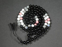 Load image into Gallery viewer, Black Onyx AAA, Labradorite AAA*, Moonstone AAA and Rhodochrosite A Hand-Knotted Mala (108 and Guru), Necklace, Bracelet 7-mm Beads 1161
