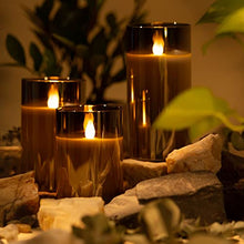 Load image into Gallery viewer, WYZworks Silver Gray Metallic LED Tinted Glass Mirrored Flickering Flameless Pillar Candles, Set of 3 w/Remote Control, Timer, Realistic Flicker/Static Mode, Battery Operated, Adjustable Brightness
