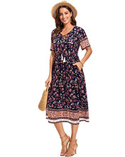 Load image into Gallery viewer, Arach&amp;Cloz Women's Boho Tie Neck Printed Short Sleeve Floral Summer Loose Tassels Casual Midi Dress with Pockets (Floral03,XL)
