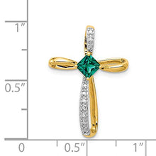 Load image into Gallery viewer, Solid 14k Yellow Gold Two Toned Lab Created Emerald Green May Gemstone and Diamond Cross Pendant Charm
