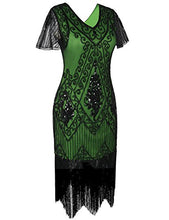 Load image into Gallery viewer, PrettyGuide Women's 1920s Dress Art Deco Sequin Fringed Flapper Dress L Black Green

