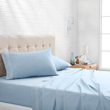Load image into Gallery viewer, AmazonBasics Premium, Easy-Wash Embroidered Hotel Stitch 120 GSM Sheet Set - Queen, Dusty Blue
