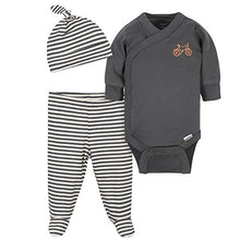 Load image into Gallery viewer, Grow by Gerber Baby Boy's Organic 3-Piece Onesies Bodysuit, Footed Pant, and Cap Set Pants, Grey/Ivory, 0-3 Months

