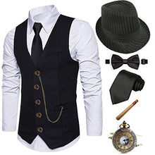 Load image into Gallery viewer, 1920s Mens Costume Fedora Hat,Great Gatsby Gangster Vest,Vintage Pocket Watch,Pre Tied Bow Tie,Tie,TC-L
