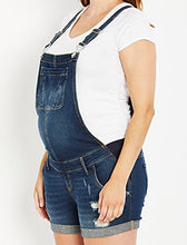 Load image into Gallery viewer, Motherhood Maternity Women's Maternity Indigo Blue Destructed Side Panel Denim Shortall Shorts, -Dark Wash, Large
