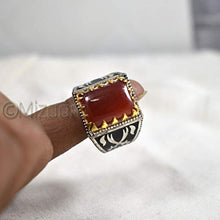 Load image into Gallery viewer, Red Onyx Silver Boys Ring, 925K Sterling Silver, Handmade Silver Ring, Aqeeq Men's Red Onyx, Black Enamel, Sword Design, Birthday Gift For Him
