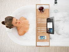 Load image into Gallery viewer, Premium Bamboo Bathtub Tray Caddy - Wood Bath Tray Expandable with Book and Wine Holder - Gift Idea for Loved Ones
