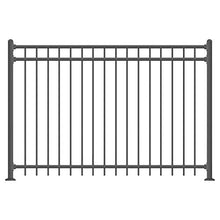 Load image into Gallery viewer, XCEL - Black Steel Anti-Rust Fence Panel - Flat End Picket - 6.5ft W x 5ft H - Easy Installation Kit, Outdoor Residential Fencing for Yard, Garden, Concrete, 3-Rail Metal Fence, Include a Fence Post
