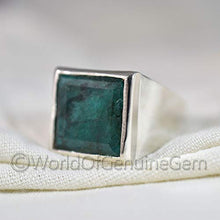 Load image into Gallery viewer, Green Emerald Silver Ring, 925K Sterling Silver, Faceted Rectangle, Natural Emerald Corundum, Handmade, High Polished Jewelry, Men's Emerald Ring, Unique Gift For Him, Birthday Gift, Anniversary Ring
