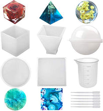 Load image into Gallery viewer, Silicone Resin Molds 5Pcs Resin Casting Molds Including Sphere, Cube, Pyramid, Square, Round with 1 Measuring Cup &amp; 5 Plastic Transfer Pipettes for Resin Epoxy, Candle Wax, Soap, Bowl Mat etc
