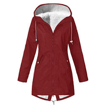 Load image into Gallery viewer, Women's Waterproof Raincoat Coats, Hooded Long Sleeve Rain Jacket Windproof Warm Solid Color Zipped Trench Coats
