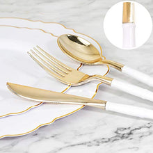 Load image into Gallery viewer, WDF 60pcs Gold Plastic Plates -Baroque White &amp;Gold Disposable Plates for Upscale Parties &amp;Wedding-including 30Plastic Dinner Plates 10.25inch,30Salad Plates 7.5inch
