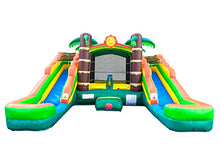 Load image into Gallery viewer, Crossover Tropical Inflatable Bounce House Double Slide 16.5 x 15 x 11 Foot - Big Inflatable Water Slide Bouncer House Combo for Kids - Outdoor Party Bounce House with Blower, Stakes, &amp; Storage Bag
