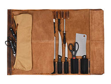 Load image into Gallery viewer, Leather Knife Roll Storage Bag | Elastic and Expandable 10 Pockets | 6 Leather Pocket | Adjustable/Detachable Shoulder Strap | Travel-Friendly Chef Knife Case Roll By Aaron Leather (Caramel, Leather)
