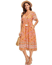 Load image into Gallery viewer, Arach&amp;Cloz Women's Boho Tie Neck Printed Short Sleeve Floral Summer Loose Tassels Casual Midi Dress with Pockets (Floral01,S)
