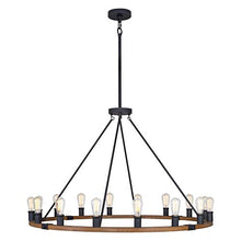 Load image into Gallery viewer, Kira Home Jericho 48" 16-Light Large Rustic Farmhouse Wagon Wheel Chandelier, Round Kitchen Island Light, Textured Black Accents + Warm Oak Wood Style Finish
