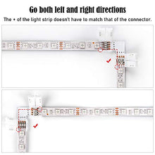 Load image into Gallery viewer, L Shape 4-Pin LED Connectors 10-Pack JACKYLED 10mm Wide Right Angle Corner Connectors Solderless Adapter Connector Terminal Extension with 22Pcs Clips for 3528/5050 SMD RGB 4 Conductor LED Light Strips
