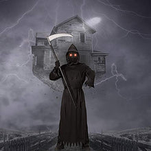 Load image into Gallery viewer, Grim Reaper Halloween Costume with Glowing Red Eyes for Kids, Scythe Included, Large Size(Age 12-14)
