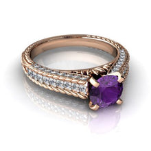 Load image into Gallery viewer, 14kt Rose Gold Amethyst and Diamond 6mm Round Antiqu Style Ring - Size 9
