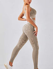 Load image into Gallery viewer, YEOREO Yoga Outfit for Women Seamless 2 Piece Workout Gym High Waist Snake Print Leggings with Sport Bra Set Khaki S
