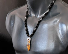 Load image into Gallery viewer, ElisaJewelryArt - Natural Tiger Eye Big Pointed Sword Pendant Black Onyx Stone Beaded Necklace Genuine Gemstone Emotion Stone Clasp Closure Necklace Unisex Necklace (22, Tiger Eye)
