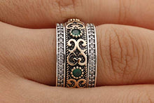 Load image into Gallery viewer, Handmade Turkish Authentic Jewelry Round Shape Cut Emerald Topaz 925 Sterling Silver Band Ring for Gift for Ladies Size ALL
