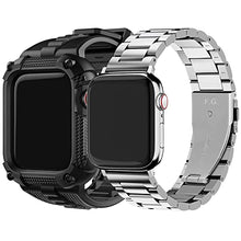 Load image into Gallery viewer, Fullmosa Compatible Apple Watch Stainless Steel Band with Case 38mm 40mm 41mm Silver &amp; Compatible Apple Watch Silicone Rubber Band 40mm with Screen Protector,Black
