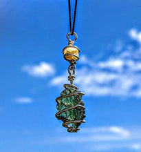 Load image into Gallery viewer, MOLDAVITE &amp; RHODIZITE NECKLACE Wire Wrap 925 Silver on a 19" Durable Black Silk Chain! Metaphysical Reiki Healing Energy Genuine Czech Synergy 12 Crystal Pendant Tektite!

