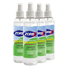 Load image into Gallery viewer, ZORBX Strong Odor Remover Spray - Unscented Odor Eliminator Spray for Pet, Urine, and Shoe | Stronger Deodorizer Spray, Pack of 4 (7.5 Oz Each)

