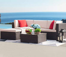 Load image into Gallery viewer, Devoko 5 Pieces Patio Furniture Sets All-Weather Outdoor Sectional Sofa Manual Weaving Wicker Rattan Patio Conversation Set with Cushion and Glass Table (Beige)

