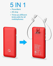 Load image into Gallery viewer, 10000mAh Portable Charger, Ultra Slim Power Bank,4 Output and Dual Input External Battery Pack with Built-in AC Wall Plug Micro USB Type C Three Cables with USB Output Compatible with All mobilephone
