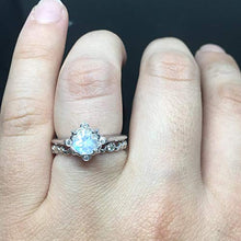 Load image into Gallery viewer, Moonstone Engagement Ring Set - Solid 0.925 Sterling Silver 14K White Rose Yellow Gold Natural Rainbow Moonstone Genuine Diamond Bridal Sets - Vintage Victorian Inspired Engagement Ring Matching Band
