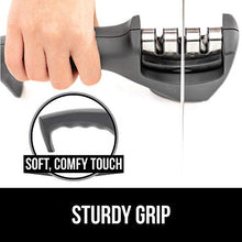 Load image into Gallery viewer, Gorilla Grip Original Premium Knife Sharpener, Professional Kitchen Chef 3 Slot Design, Easy Sharpening, Slip Resistant Grip, Safely Sharpen Knives, Restore Dull Knife for A Sharp Edge, Gray
