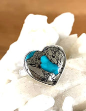 Load image into Gallery viewer, A Matrix of Natural PYRITE and Genuine Blue TURQUOISE Gemstone, 925 Sterling Silver, Heart Ring Sz 9 Jewelry
