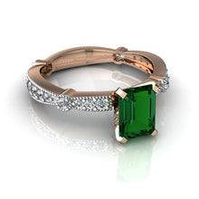 Load image into Gallery viewer, 14kt Rose Gold Lab Emerald and Diamond 7x5mm Emerald_Cut Milgrain Antique Style Ring - Size 4.5
