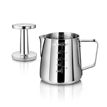 Load image into Gallery viewer, New Star Foodservice 28829 Commercial Grade Stainless Steel 18/8 12 oz Frothing Pitcher and Die Cast Aluminum Tamper Combo Set, Silver
