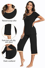 Load image into Gallery viewer, WiWi Bamboo Pajamas for Women Short Sleeve Top with Capri Pants Sleepwear Lightweight Plus Size Pjs Set S-3X, Black, Small

